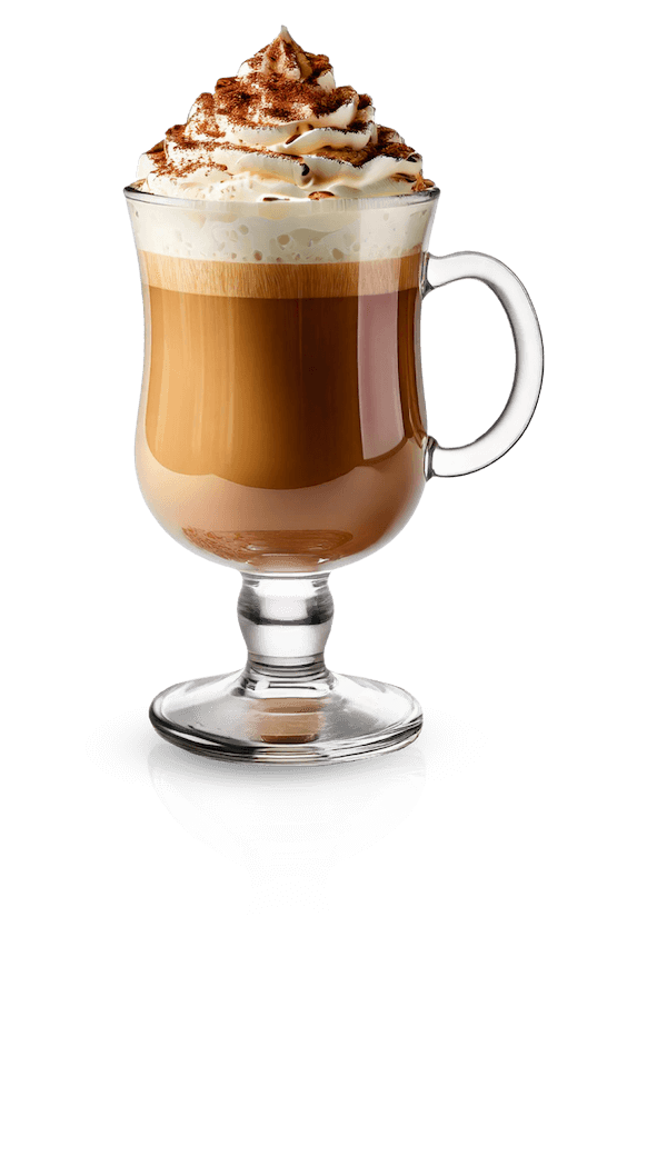 An Italian Coffee Cream served in a glass mug with a handle, topped with whipped cream and a dusting of cocoa powder.