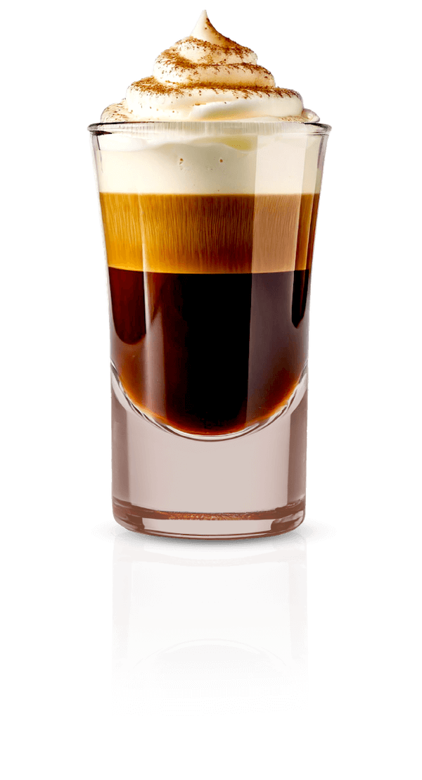 A Mini Mudslide Shot served in a tall shot glass, featuring layered coffee liqueur, vodka, and Stella Rosa Chocolate Hazelnut Cream Liqueur, topped with whipped cream and a dusting of cocoa