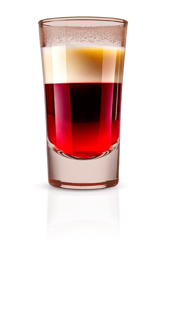 A Nutty Jelly Shot served in a tall shot glass, featuring a layered mix of red raspberry liqueur and creamy Stella Rosa Chocolate Hazelnut Cream Liqueur, with a sugar-rimmed edge.