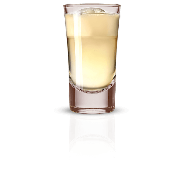 A Hazelnut Twist shot served in a tall shot glass, featuring a pale golden hazelnut liqueur blend over ice