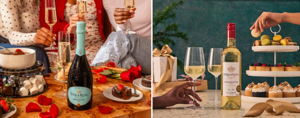 Stella Rosa Prosecco and Moscato d’Asti served with desserts, illustrating differences in sparkling wine styles, pairings, and occasions.